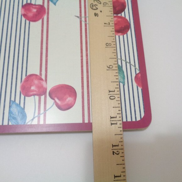 Retro Cherry Placemats Set of 4 With Cork Backing Red Stripes and Leaves - Picture 4 of 8